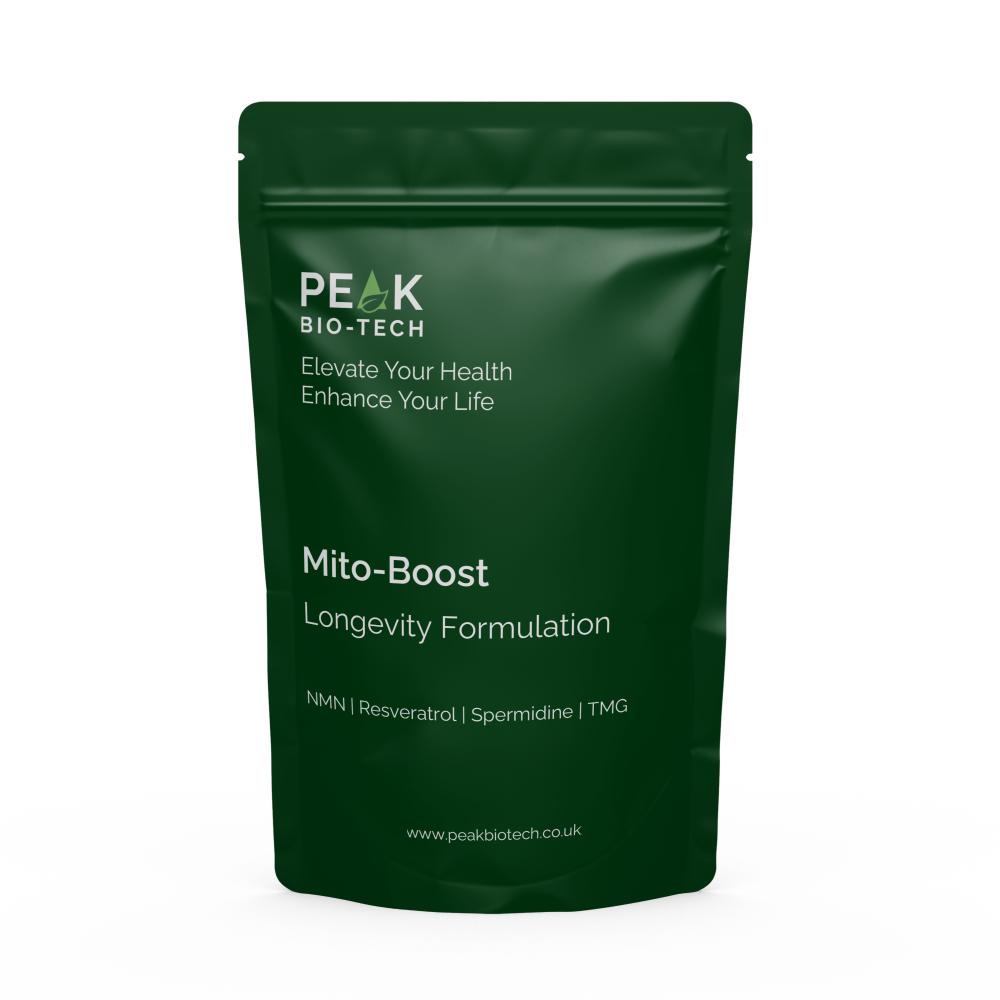 Front View of Peak Bio Tech Mitoboost supplement pouch with NMN Resveratrol TMG and Spermidine for Longevity and Anti-ageing.