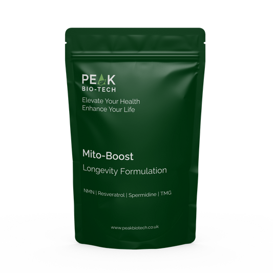 Front View of Peak Bio Tech Mitoboost supplement pouch with NMN Resveratrol TMG and Spermidine for Longevity and Anti-ageing.