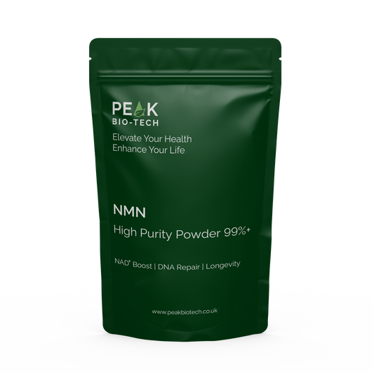 Front View of Peak Bio Tech High Purity NMN Pouch a supplement for NAD boost, DNA repair and longevity.