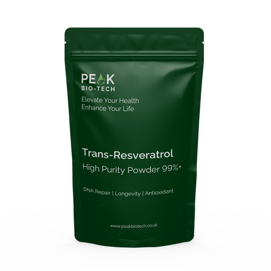 Front View of Peak Bio Tech Trans Resveratrol High Purity Powder in a pouch. For DNA repair and Longevity.